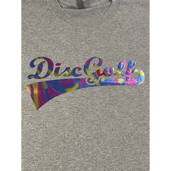 Disc Golf Shirt RAINBOW HOLOGRAPHIC BASKET Logo 2XL Graphic T-Shirt Gildan Grey - Picture 4 of 9